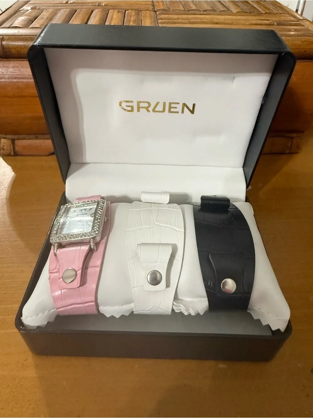 Gruen Women's Pink Crystal Accent Leather Watch with Interchangeable Bands NEW